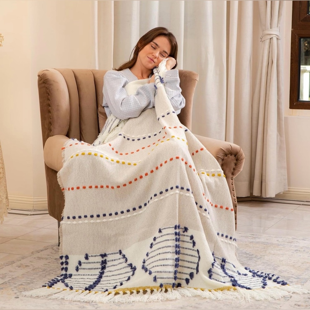 Amélie Home Boho, Handmade Colorful Striped Blanket, 50x60, Pearl Grey - NWT